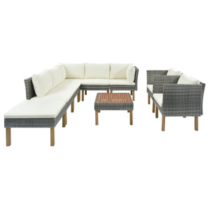9-Piece Outdoor Patio Garden Wicker Sofa Set, Gray PE Rattan Sofa Set, with Wood Legs, Acacia Wood Tabletop, Armrest Chairs with Cushions