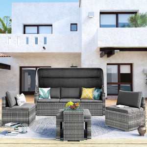 5 Pieces Outdoor Sectional Patio Rattan Sofa Set Rattan Daybed , PE Wicker Conversation Furniture Set/ Canopy and Tempered Glass Side Table, Gray