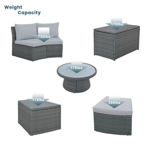 10-Piece Outdoor Sectional Half Round Patio Rattan Sofa Set; PE Wicker Conversation Furniture Set for Free Combination; Light Gray