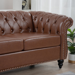 84' BROWN PU Rolled Arm Chesterfield Three Seater Sofa.