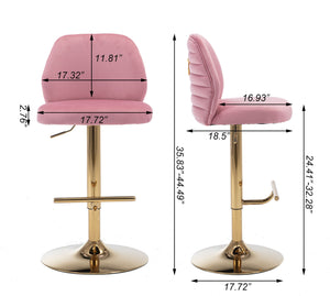 Swivel Bar Stools Chair Set of 2 Modern Adjustable Counter Height Bar Stools; Velvet Upholstered Stool with Tufted High Back & Ring Pull for Kitchen ; Chrome Golden Base; Pink