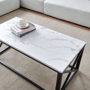 Modern Sturdy rectangle coffee table,Black metal frame with marble color top-43.3"
