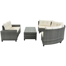 Load image into Gallery viewer, 8-pieces Outdoor Wicker Round Sofa Set, Half-Moon Sectional Sets All Weather, Curved Sofa Set With Rectangular Coffee Table, PE Rattan Water-resistant and UV Protected, Movable Cushion