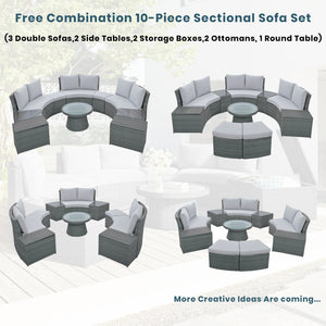 10-Piece Outdoor Sectional Half Round Patio Rattan Sofa Set, PE Wicker Conversation Furniture Set for Free Combination, Light Gray
