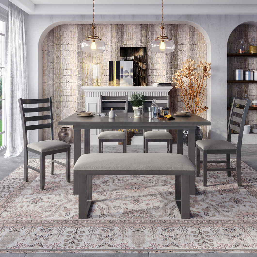 6-Pieces Family Furniture, Solid Wood Dining Room Set with Rectangular Table & 4 Chairs with Bench