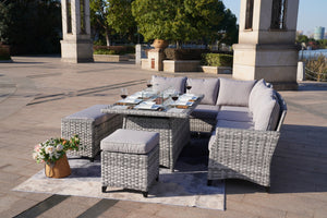 5-Piece Gray Wicker Outdoor Conversational Sofa Set with Fire Pit Table and Ottoman