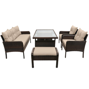 6-Piece Outdoor Patio PE Wicker Rattan Sofa Set Dining Table Set with Removable Cushions and Tempered Glass Tea Table for Backyard, Poolside, Deck, Brown Wicker+Light Coffee Cushion