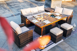 7 PCS Patio Conversational Sofa Set With 1 Gas Firepit And Ice Container Rectangle Dining Table. 1 Storage Box  And 2 Ottomans