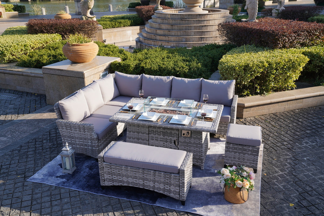 5-Piece Gray Outdoor Sofa Set with Fire Pit Table .