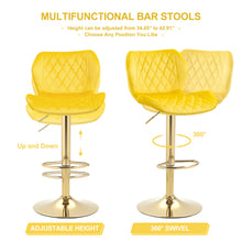 Load image into Gallery viewer, Yellow Velvet Adjustable Swivel Bar Stools Set Of 2 Modern Counter Height Barstools With Golden Color Base