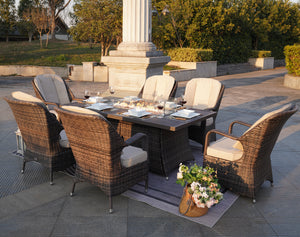 Elegant PE Wicker and Aluminium Patio Dining Sets with Fire Pit Table and Standard Dining Chair