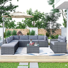 Load image into Gallery viewer, 9-piece Outdoor Patio Large Wicker Sofa Set, Rattan Sofa set for Garden, Backyard,Porch and Poolside, Gray wicker