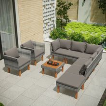 Load image into Gallery viewer, 9-Piece Outdoor Patio Garden Wicker Sofa Set, Gray PE Rattan Sofa Set, with Wood Legs, Acacia Wood Tabletop, Armrest Chairs with Beige Cushions
