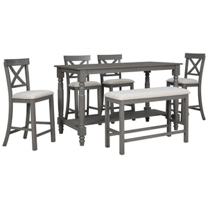 6-Piece Counter Height Dining Table Set Table with Shelf 4 Chairs and Bench for Dining Room