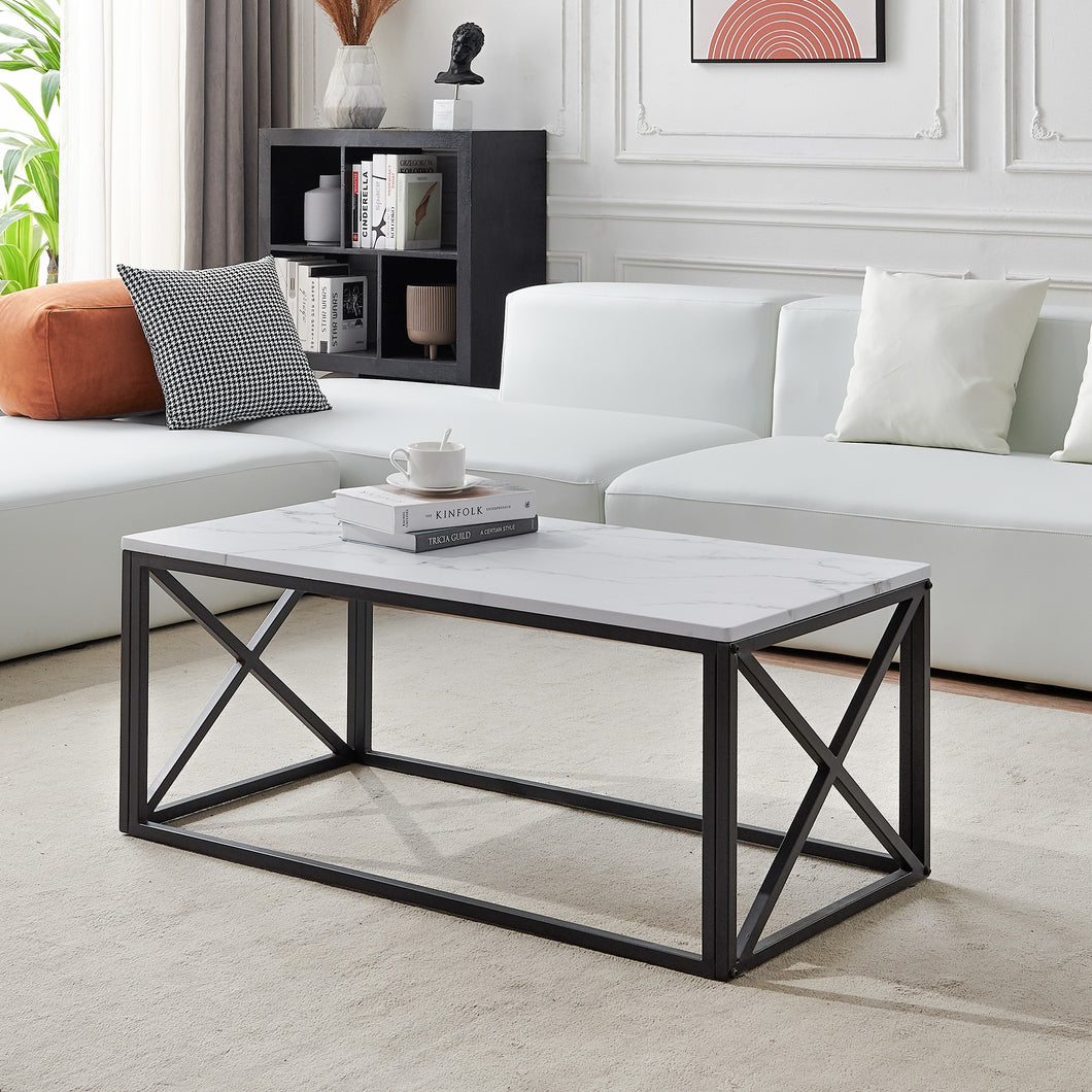 Modern Sturdy rectangle coffee table,Black metal frame with marble color top-43.3