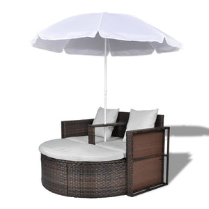 Garden Bed with Parasol Brown Poly Rattan