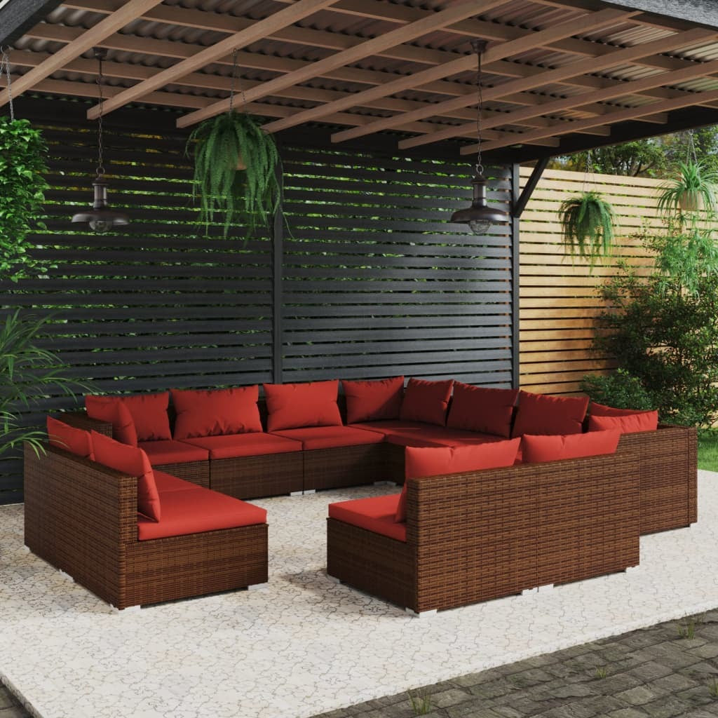 11 Piece Patio Lounge Set with Cushions Brown Poly Rattan