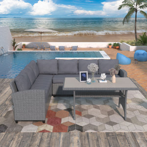 Patio Outdoor Furniture PE Rattan Wicker Conversation Set All-Weather Sectional Sofa Set with Table & Soft Cushions (Grey)
