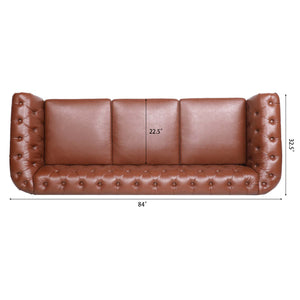84' BROWN PU Rolled Arm Chesterfield Three Seater Sofa.