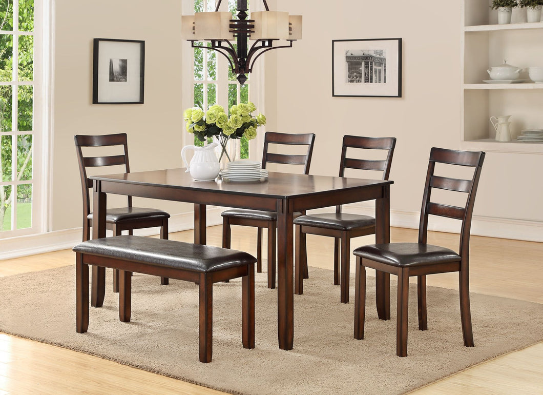 Classic Style 6pcs-Dining Set Rectangle Table 4 Side Chairs And Bench Dining Room Furniture MDF Rubber wood