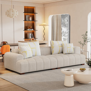 103.9" Modern Couch Corduroy Fabric Comfy Sofa with Rubber Wood Legs, 4 Pillows for Living Room, Bedroom, Office, Beige