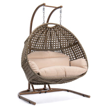 Load image into Gallery viewer, Brown Wicker Hanging Double-Seat Swing Chair with Stand w/Beige Cushion