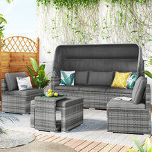 Load image into Gallery viewer, 5 Pieces Outdoor Sectional Patio Rattan Sofa Set Rattan Daybed , PE Wicker Conversation Furniture Set/ Canopy and Tempered Glass Side Table, Gray