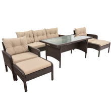 Load image into Gallery viewer, 6-Piece Outdoor Patio PE Wicker Rattan Sofa Set Dining Table Set with Removable Cushions and Tempered Glass Tea Table for Backyard, Poolside, Deck, Brown Wicker+Light Coffee Cushion