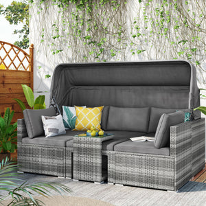 5 Pieces Outdoor Sectional Patio Rattan Sofa Set Rattan Daybed , PE Wicker Conversation Furniture Set/ Canopy and Tempered Glass Side Table, Gray
