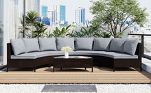 Load image into Gallery viewer, 5 Pieces All-Weather Brown PE Rattan Wicker Sofa Set Outdoor Patio Sectional Furniture Set Half-Moon Sofa Set with Tempered Glass Table