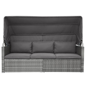 5 Pieces Outdoor Sectional Patio Rattan Sofa Set Rattan Daybed ; PE Wicker Conversation Furniture Set w/ Canopy and Tempered Glass Side Table; Gray