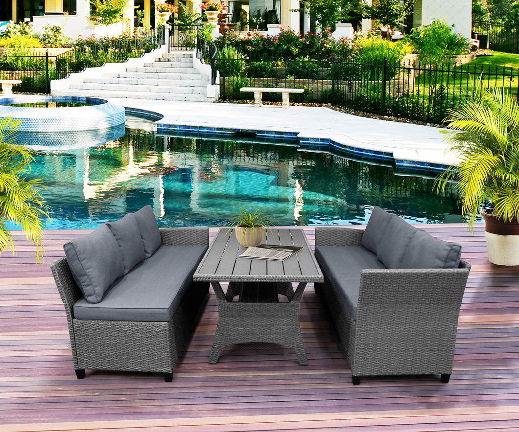 Patio Outdoor Furniture PE Rattan Wicker Conversation Set All-Weather Sectional Sofa Set with Table & Soft Cushions (Grey)