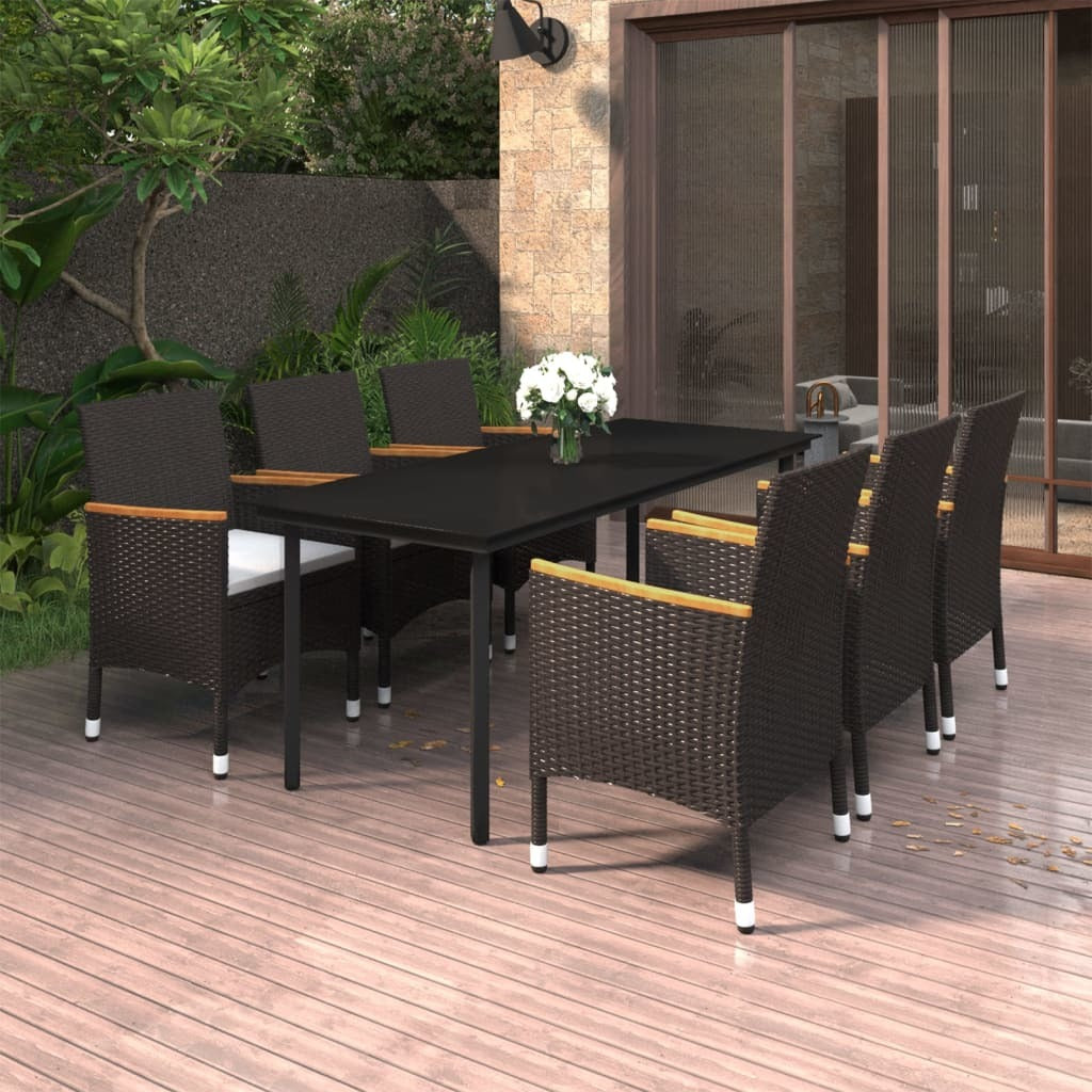 7 Piece Patio Dining Set with Cushions Poly Rattan and Glass