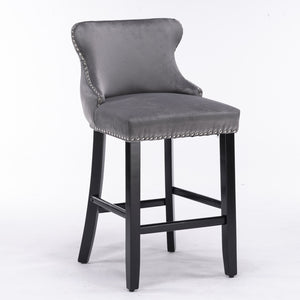 Contemporary Velvet Upholstered Wing-Back Barstools with Button Tufted Decoration and Wooden Legs,