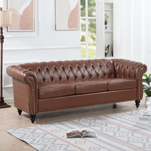 Load image into Gallery viewer, 84&#39; BROWN PU Rolled Arm Chesterfield Three Seater Sofa.