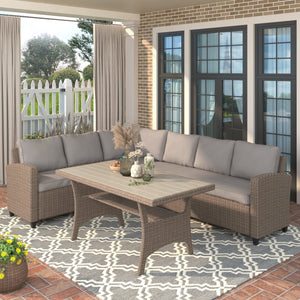 Patio Outdoor Furniture PE Rattan Wicker Conversation Set All-Weather Sectional Sofa Set with Table & Soft Cushions (Brown)