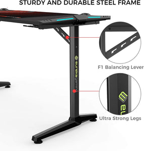 EUREKA ERGONOMIC Gaming Computer Desk 55" Home Office Gaming PC Tables New Polygon Legs Design with RGB LED Lights, Colonel Series GIP-55B, Black