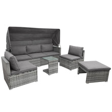Load image into Gallery viewer, 5 Pieces Outdoor Sectional Patio Rattan Sofa Set Rattan Daybed , PE Wicker Conversation Furniture Set/ Canopy and Tempered Glass Side Table, Gray