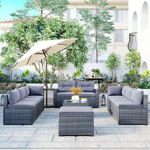 9-piece Outdoor Patio Sofa Set Backyard, Porch and Poolside, Gray wicker