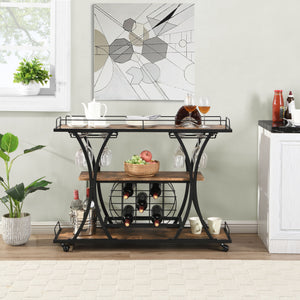 Industrial Black Bar Serving Cart for home with Wine Rack and Glass Holder, 3-tier Shelves, Metal Frame