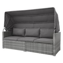 Load image into Gallery viewer, 5 Pieces Outdoor Sectional Patio Rattan Sofa Set Rattan Daybed ; PE Wicker Conversation Furniture Set w/ Canopy and Tempered Glass Side Table; Gray