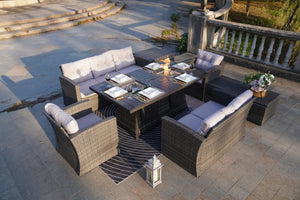 7 PCS  Patio Conversational Sofa Set With Gas Firepit And Ice Container Rectangle Dining Table And Storage Box