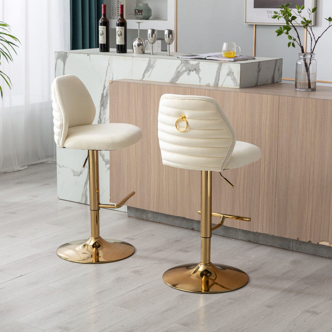 Swivel Bar Stools Chair Set of 2 Modern Adjustable Counter Height Bar Stools; Velvet Upholstered Stool with Tufted High Back & Ring Pull for Kitchen ; Chrome Golden Base; Cream