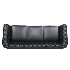 84" BLACK PU Rolled Arm Chesterfield Three Seater Sofa.