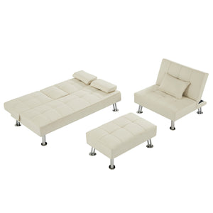 Fabric Folding Sofa Bed with 2 Cup Holders; Removable Armrest and Metal Legs; Single Sofa Bed with Ottoman; 3 pcs for 1 sets .