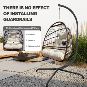 Swing Egg Chair with Stand Indoor Outdoor, UV Resistant Cushion Hanging Chair with Guardrail and Cup Holder, Anti-Rust Foldable Aluminum Frame Hammock Chair, 350lbs Capacity for Porch Backyard