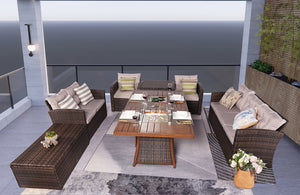 7 PCS  Patio Conversational Sofa Set With Gas Firepit And Ice Container.