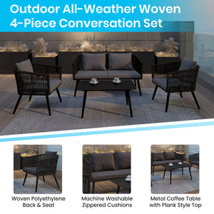 Kierra All-Weather 4-Piece Woven Conversation Set with Zippered Removable Cushions & Metal Coffee Table