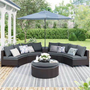 6 Pieces Outdoor Sectional Half Round Patio Rattan Sofa Set, PE Wicker Conversation Furniture Set/One Storage Side Table for Umbrella and One Multifunctional Round Table