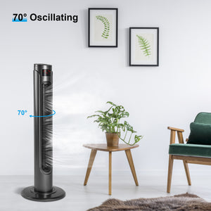 Simple Deluxe 36 Inch High Efficiency Cooling Tower Fan with 3 Speed Settings and 15 Hour Timer; 70 Degree Auto Oscillating with Remote; Standing Fan for Bedroom Home Office; Black; White